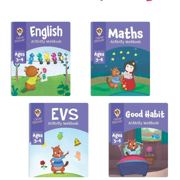 Jolly Kids Clever Beaver Ages 3-4 Years Fun Learning Workbooks Set of 4| Alphabets| Numbers| EVS| Good Habit| Workbooks for Kindergarten