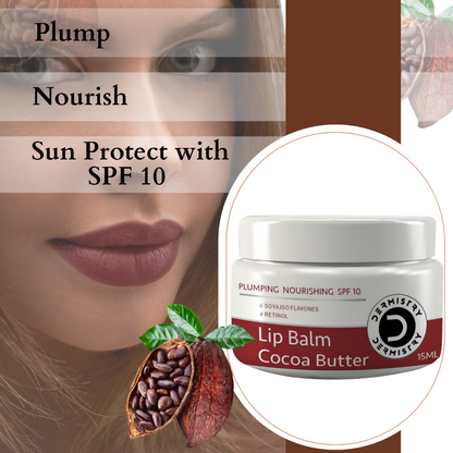 Dermistry Cocoa Butter Lip Care Tint Balm Plumping Nourishing Retinol SPF 10 for Glossy Lips