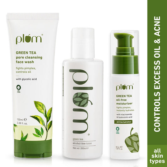 Plum Green Tea Face Wash, Toner & Moisturizer Kit for Acne-free Skin & Oil-free Hydration - 650ML