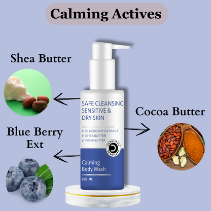 Dermistry Sensitive & Dry Skin Care Calming Soothing Body Wash Safe Soap Free Cleanser Blue Berry