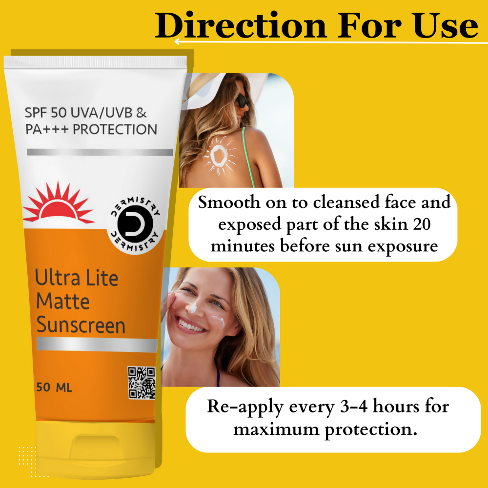 Dermistry Ultra Lite Matte Water Based Sunscreen for Oily Skin SPF 50 UVA UVB PA+++ Protection