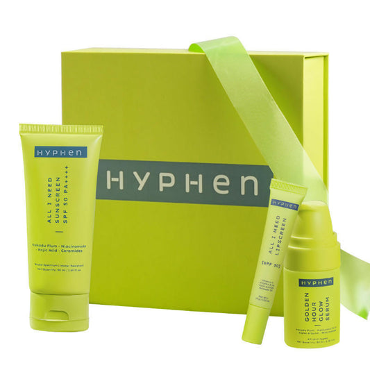 Hyphen By Kriti Sanon Daily Glow Essentials Gift Kit with Complete Skin Care Routine, with Face Serum, Moisturizing Sunscreen SPF & Lip Balm - 560GM