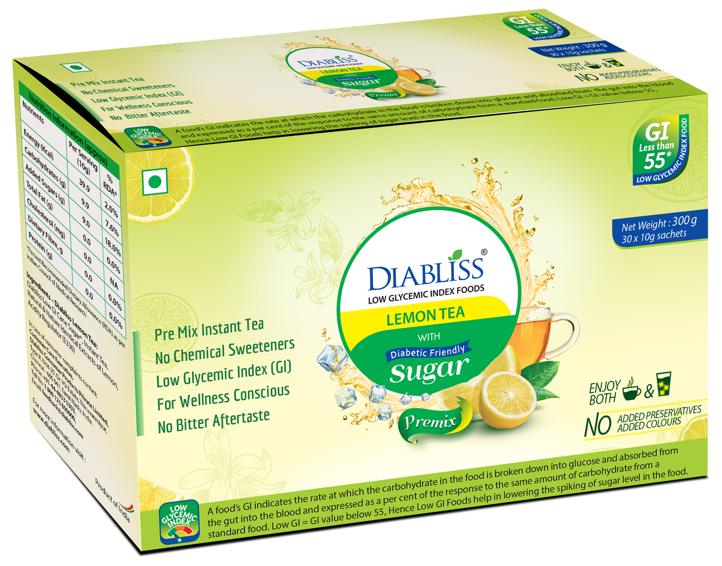 Diabliss Herbal Lemon Tea Sachets With Diabetic Friendly Sugar - BUDNE