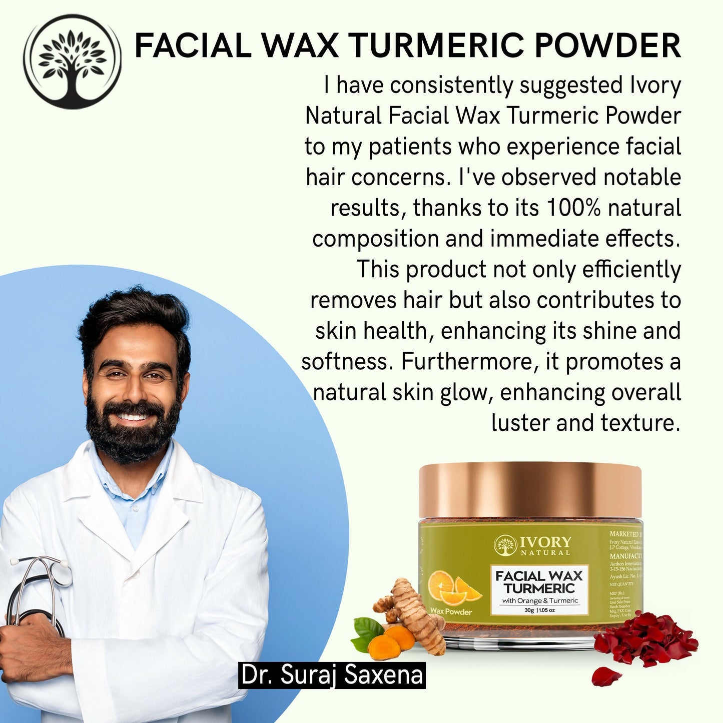 Ivory Natural Facial Wax Powder With Turmeric - Natural Facial Hair Removal Wax For Instant Skin Brightening