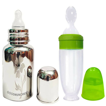 Goodmunchkins Stainless Steel Feeding Bottle 304 Grade Jointless & Spoon Food Feeder for Baby Nipple Feeder 300 ml Combo Pack-Green -  USA, Australia, Canada 