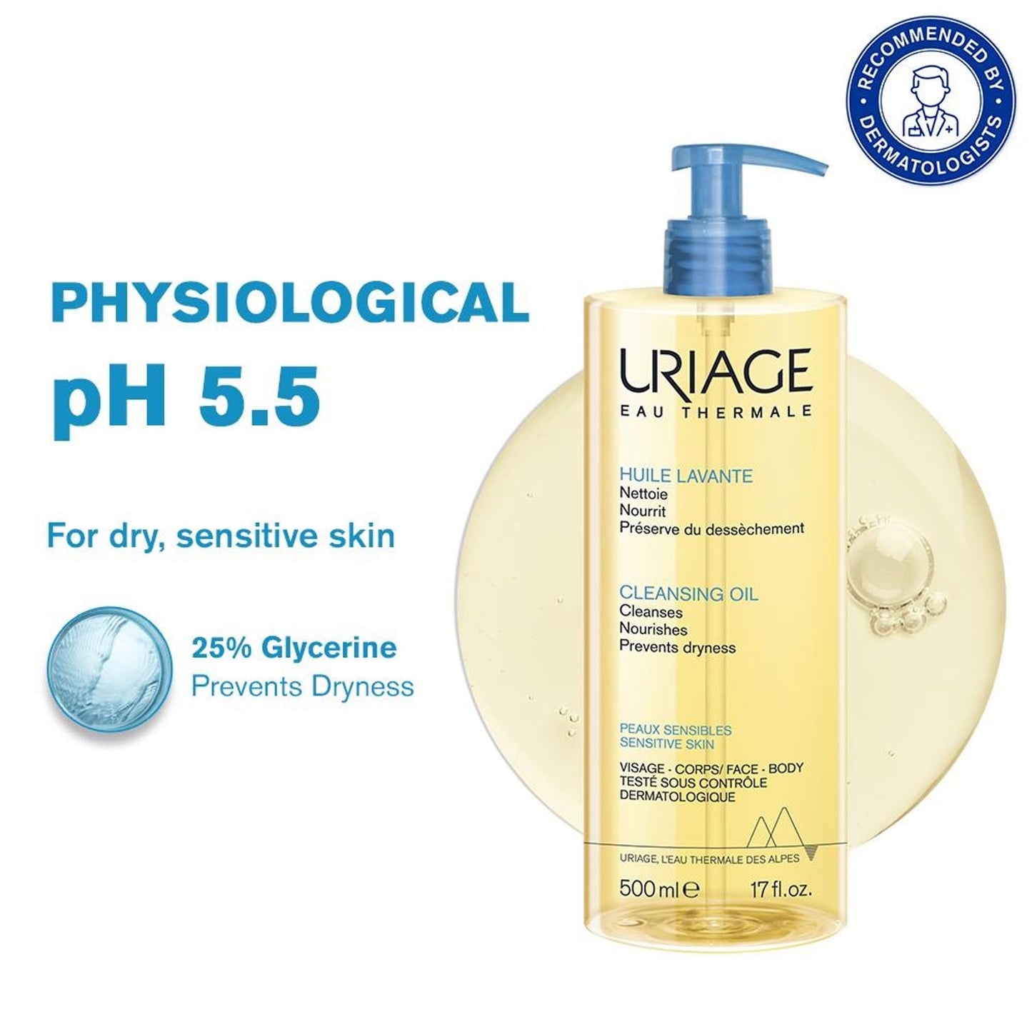 Uriage Cleansing Oil with 25% Glycerin Dermat Recommended Gently Cleanses & Moisturizes Face & Body - 500ML