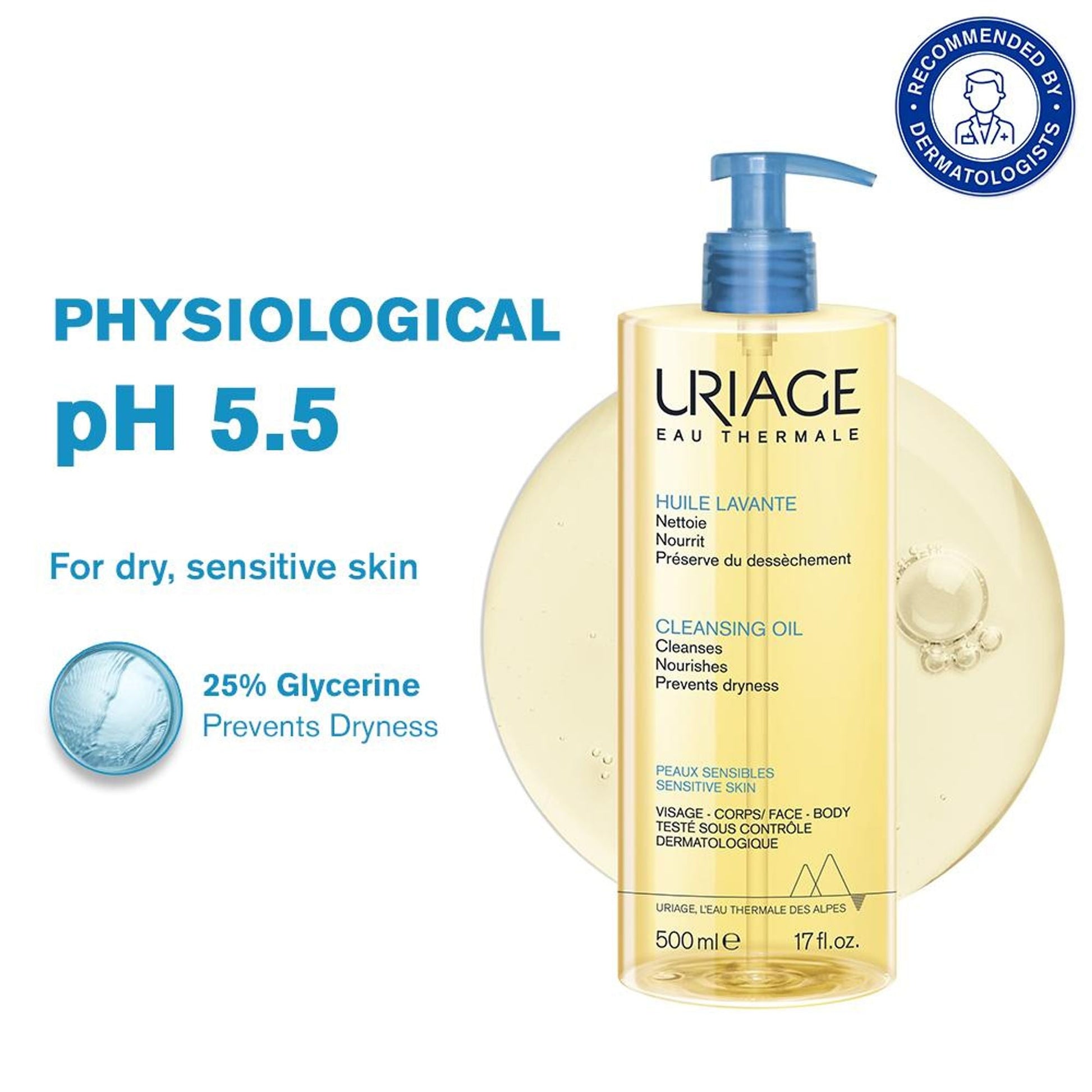 Uriage Cleansing Oil with 25% Glycerin Dermat Recommended Gently Cleanses & Moisturizes Face & Body - 500ML