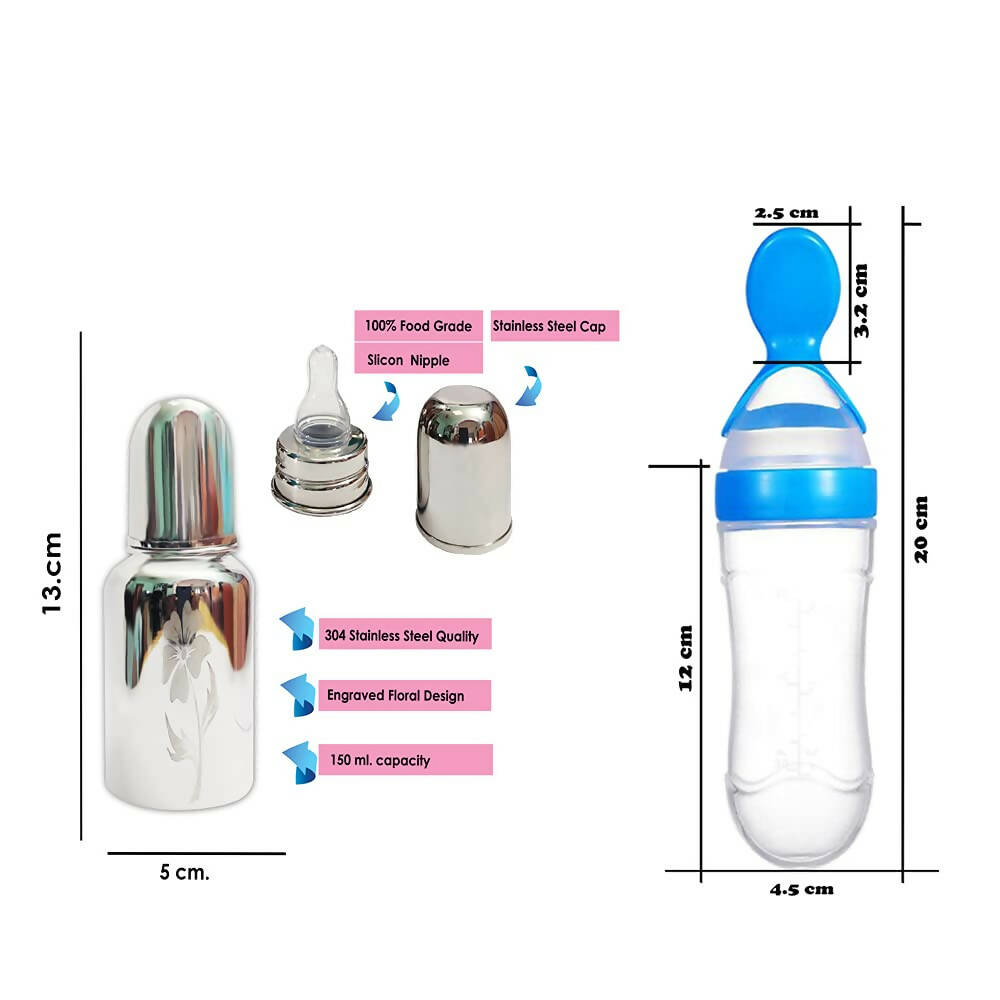 Goodmunchkins Stainless Steel Feeding Bottle & Spoon Food Feeder Anti Colic Silicone Nipple Combo-(Blue, 150ml)