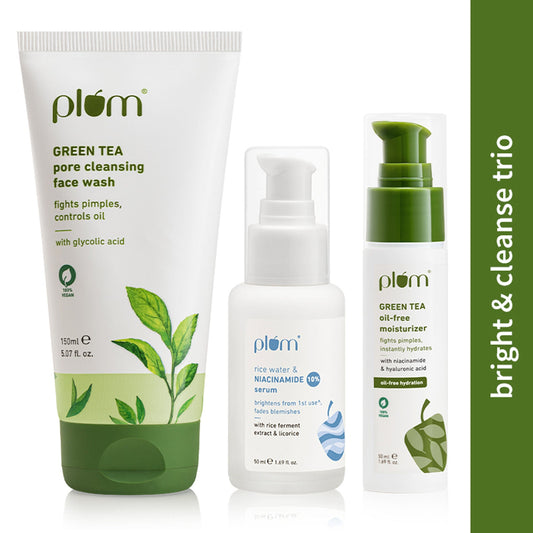 Plum Green Tea Face Wash, Serum and Moisturizer Trio with SPF 50 Pa+++ for Acne Prone & Oily Skin - 500ML