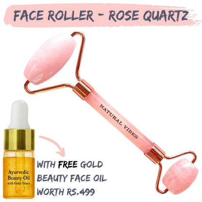 Natural Vibes Rose Quartz Roller & Massager with Free Gold Beauty Elixir Oil