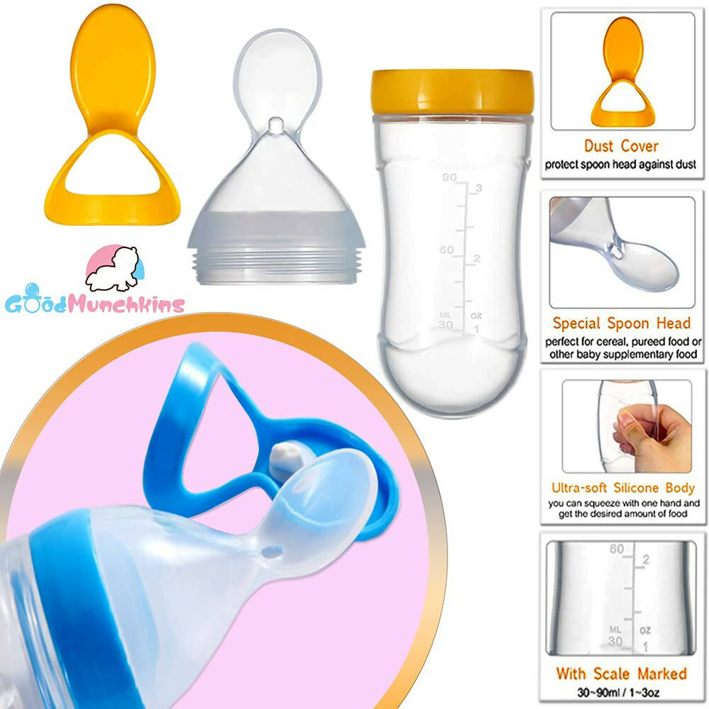 Goodmunchkins Stainless Steel Feeding Bottle & Spoon Food Feeder Anti Colic Silicone Nipple Combo-(Blue, 150ml)