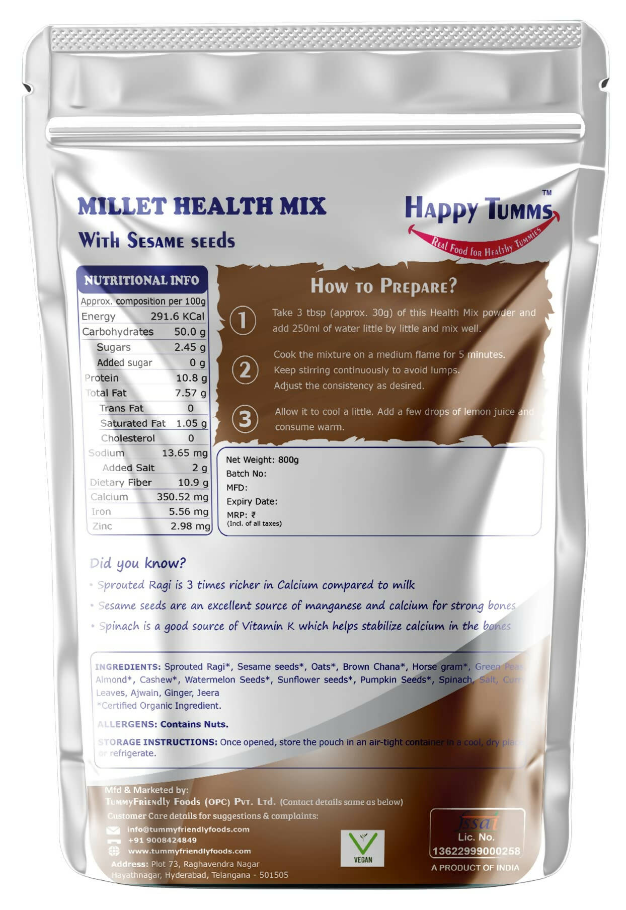TummyFriendly Foods Organic Millet Health Mix With Sesame Seeds and Curry Leaves