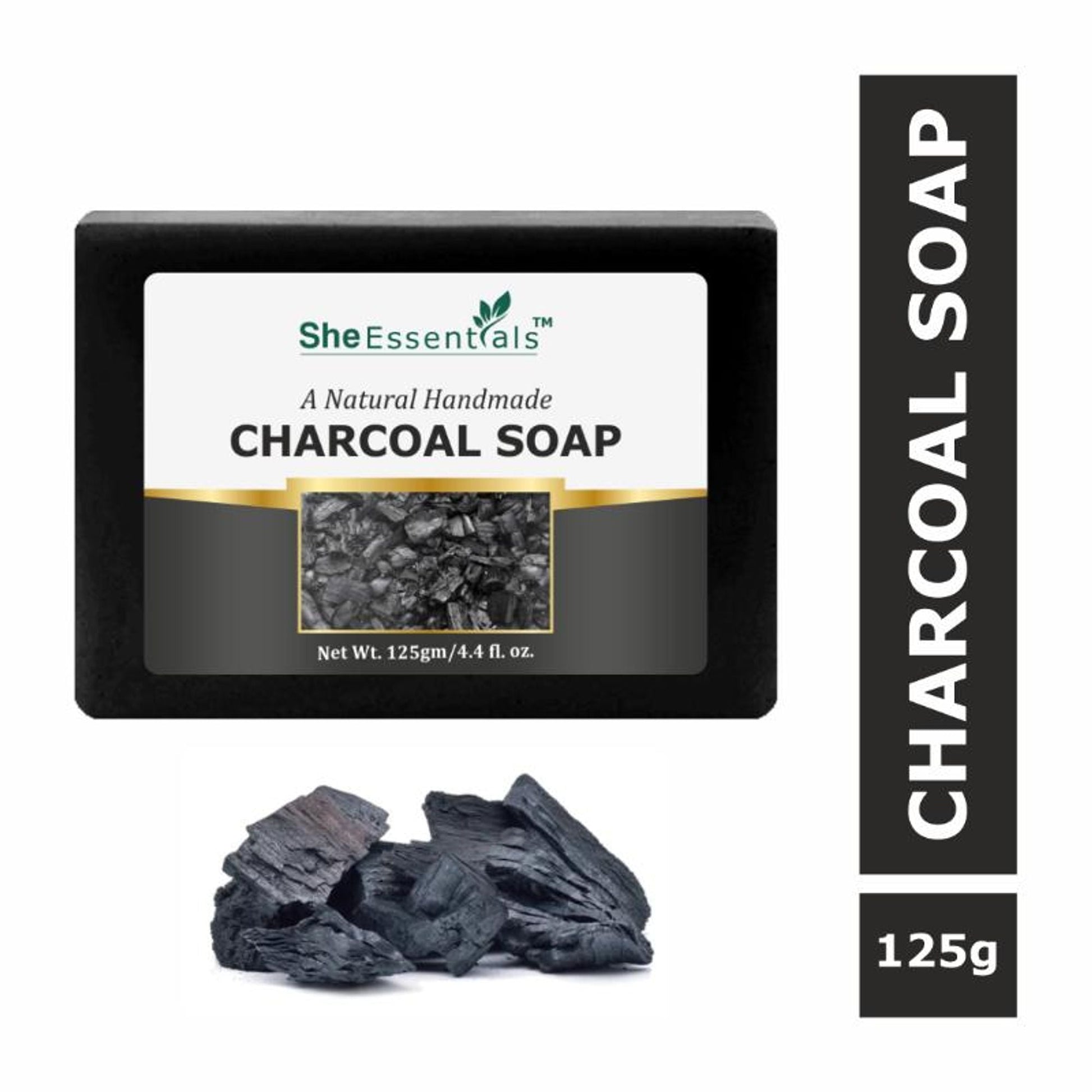 She Essentials Natural Handmade Charcoal Soap Deeply Cleanses An& Detoxifies - 125GM
