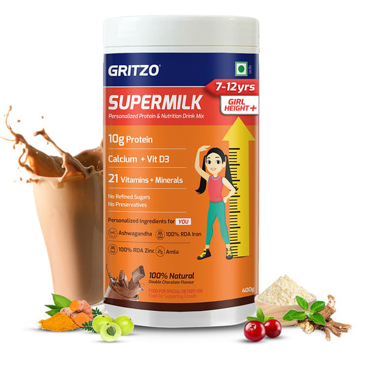Gritzo SuperMilk Height+ Health Drink for 10-12y Girls - Double Chocolate Flavor