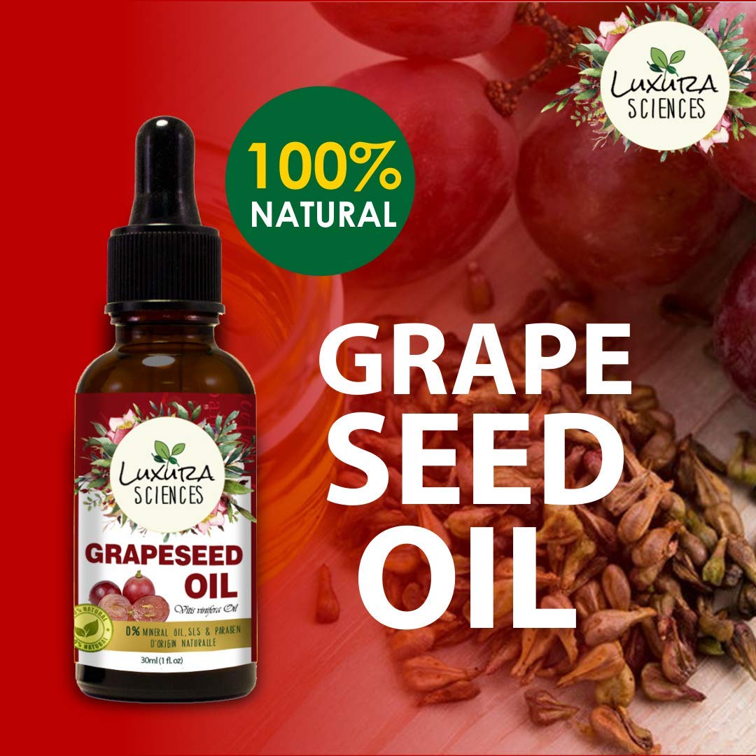 Luxura Sciences Organic Grape Seed Oil, 100% Pure, Natural & Cold-Pressed For Skin, Hair, Body
