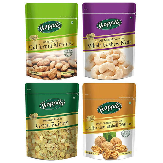 Happilo Premium Californian Almonds, Whole Cashews, Raisins & Walnuts Inshell Combo - BUDNE