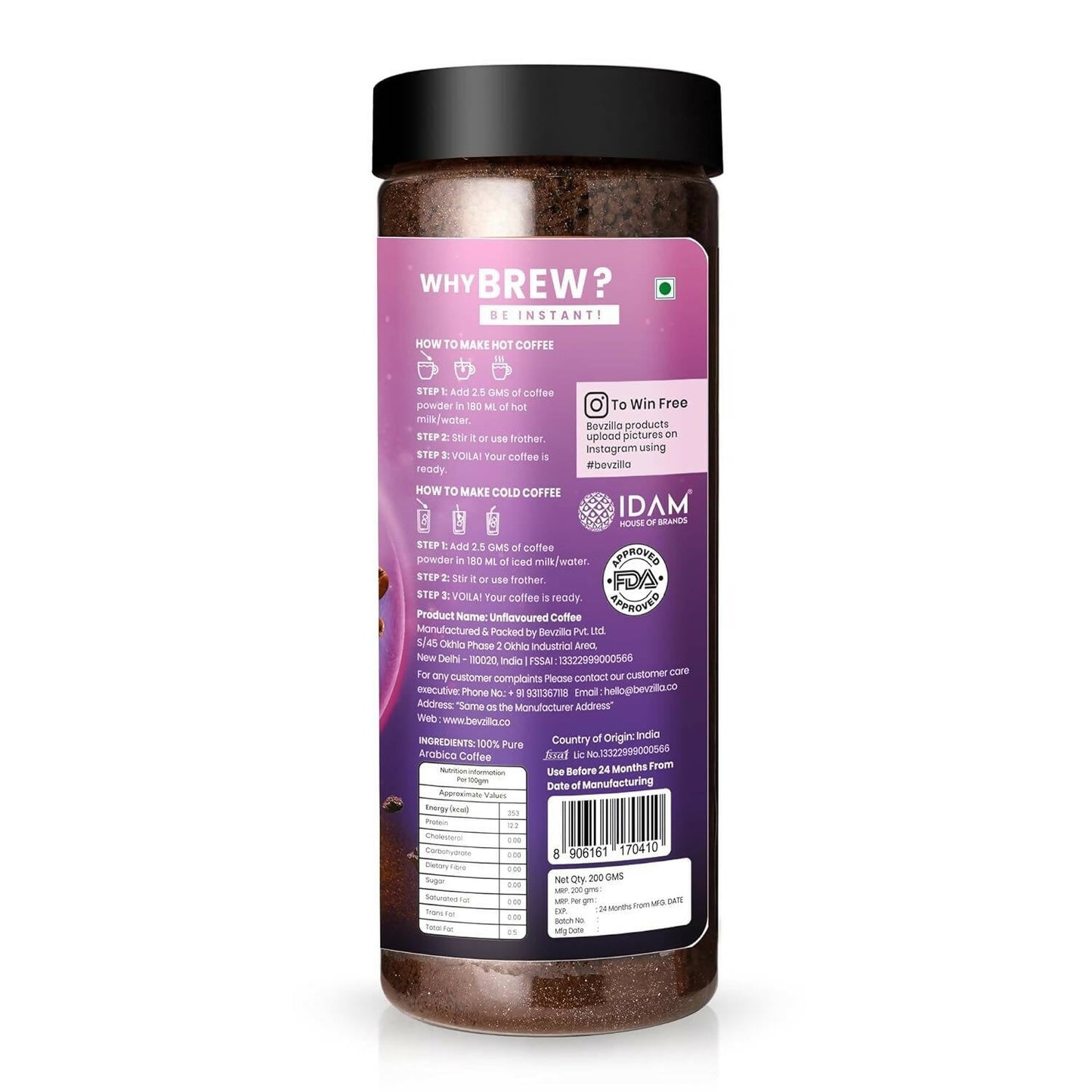 Bevzilla Classic Black Roast Strong Coffee Powder - Dark Wish