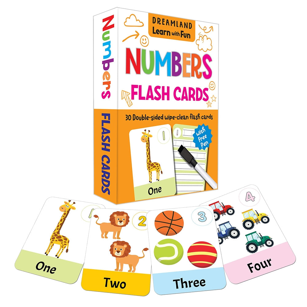 Dreamland Flash Cards Numbers - 30 Double Sided Wipe Clean Flash Cards for Kids (With Free Pen)