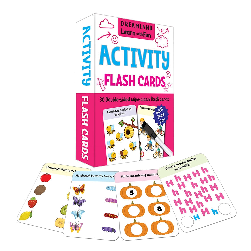 Dreamland Flash Cards Activity - 30 Double Sided Wipe Clean Flash Cards for Kids (With Free Pen)