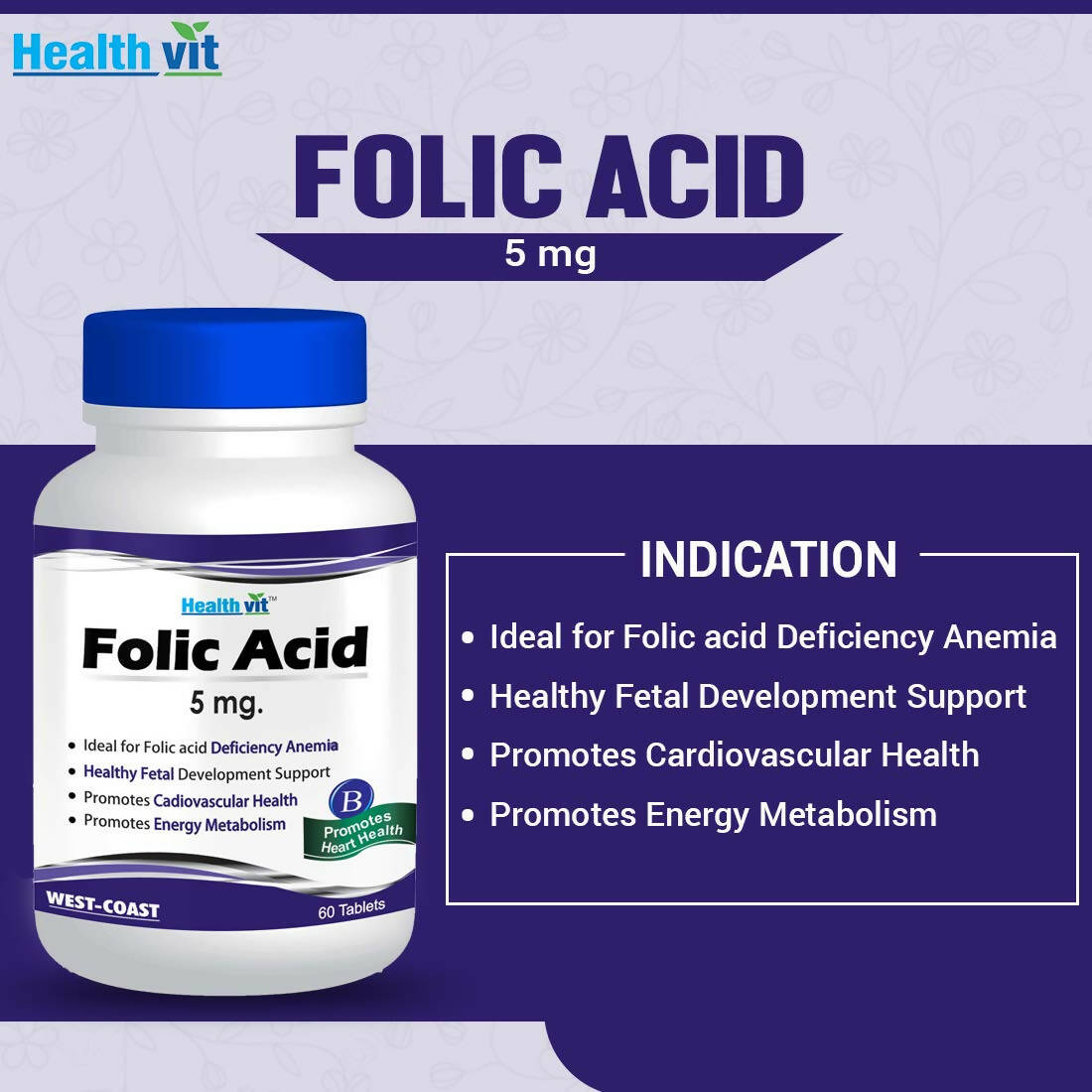 Healthvit Folic Acid 5mg Tablets for Folic acid