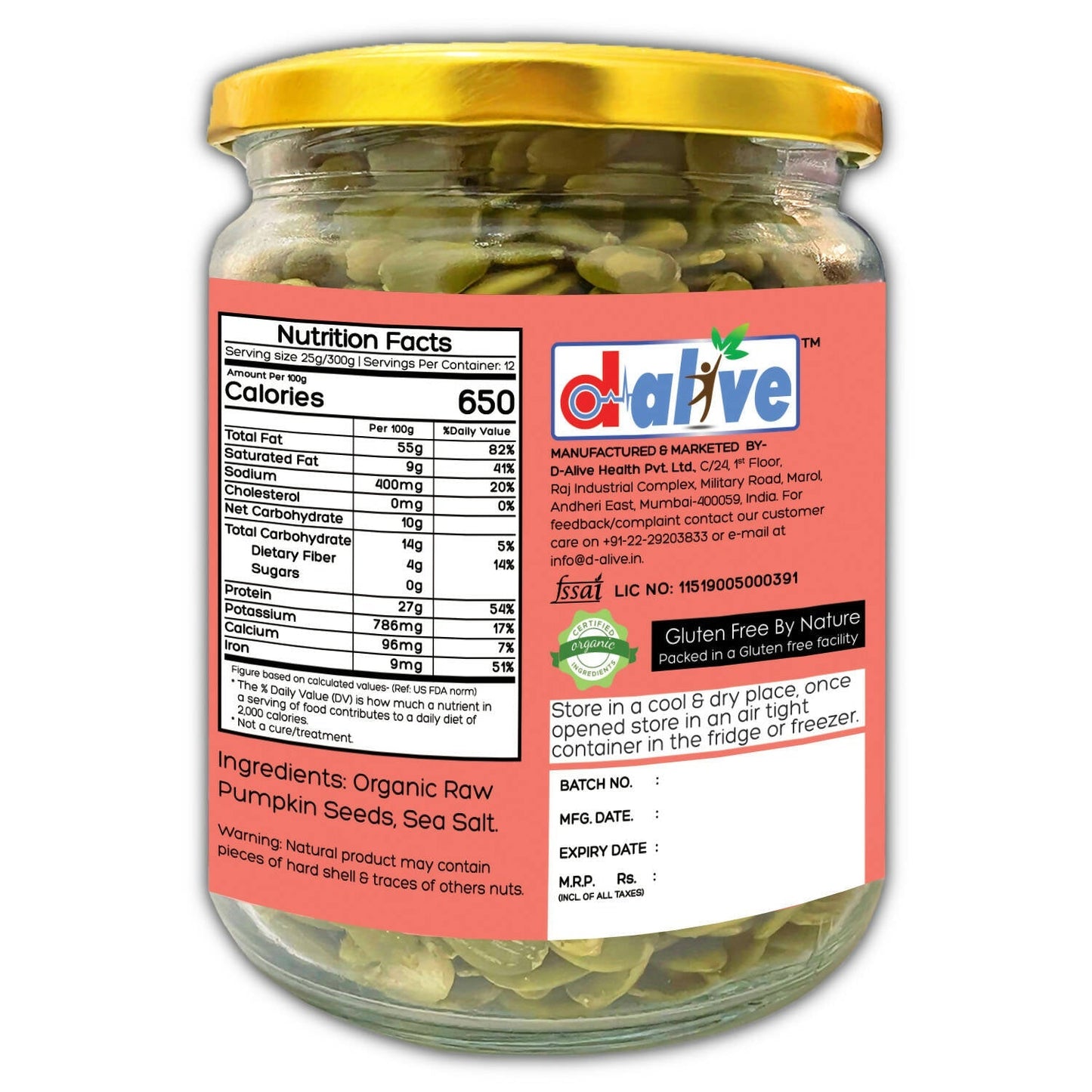 D-Alive Honestly Organic Activated Pumpkin Seeds