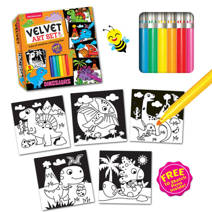 Dreamland Publications Dinosaurs - Velvet Art Set With 10 Free Sketch Pens