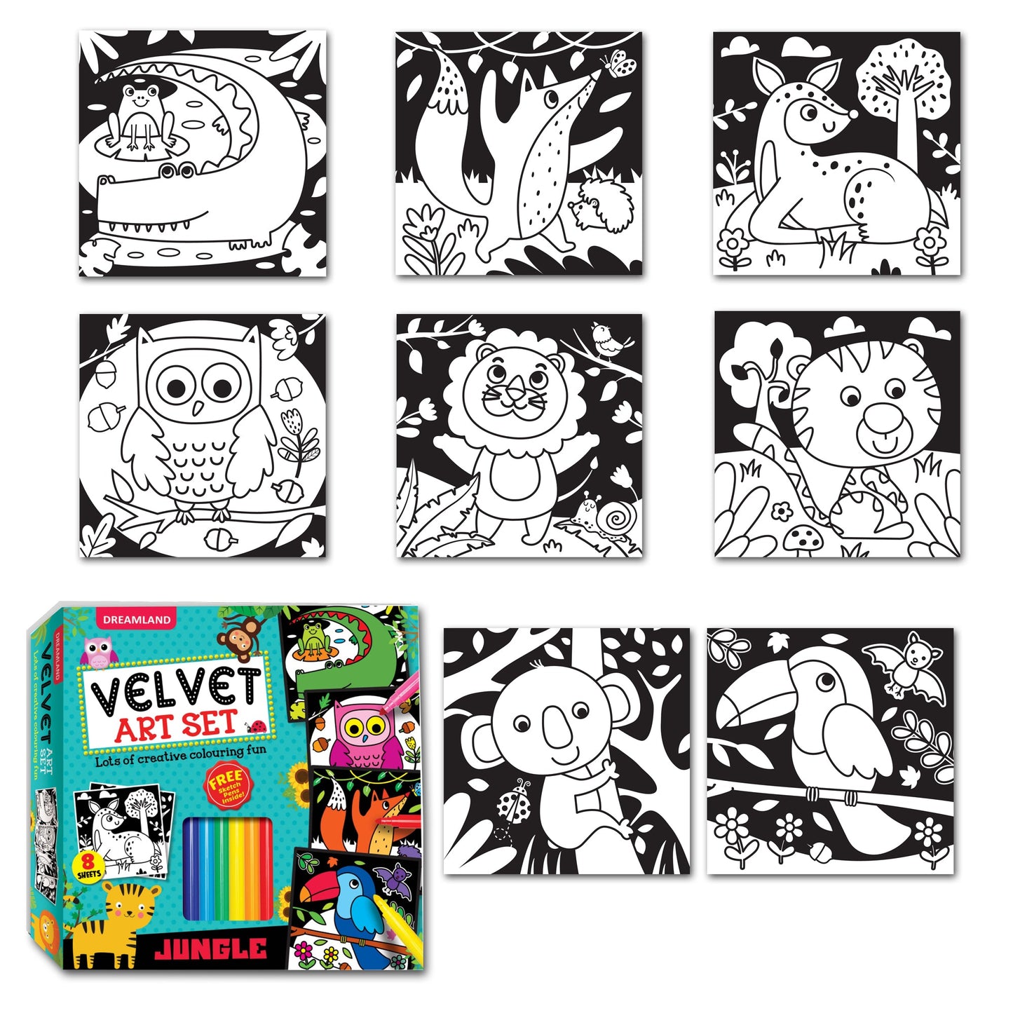 Dreamland Publications Jungle - Velvet Art Set With 10 Free Sketch Pens