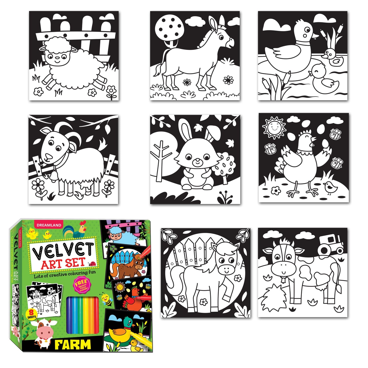 Dreamland Publications Farm - Velvet Art Set With 10 Free Sketch Pens