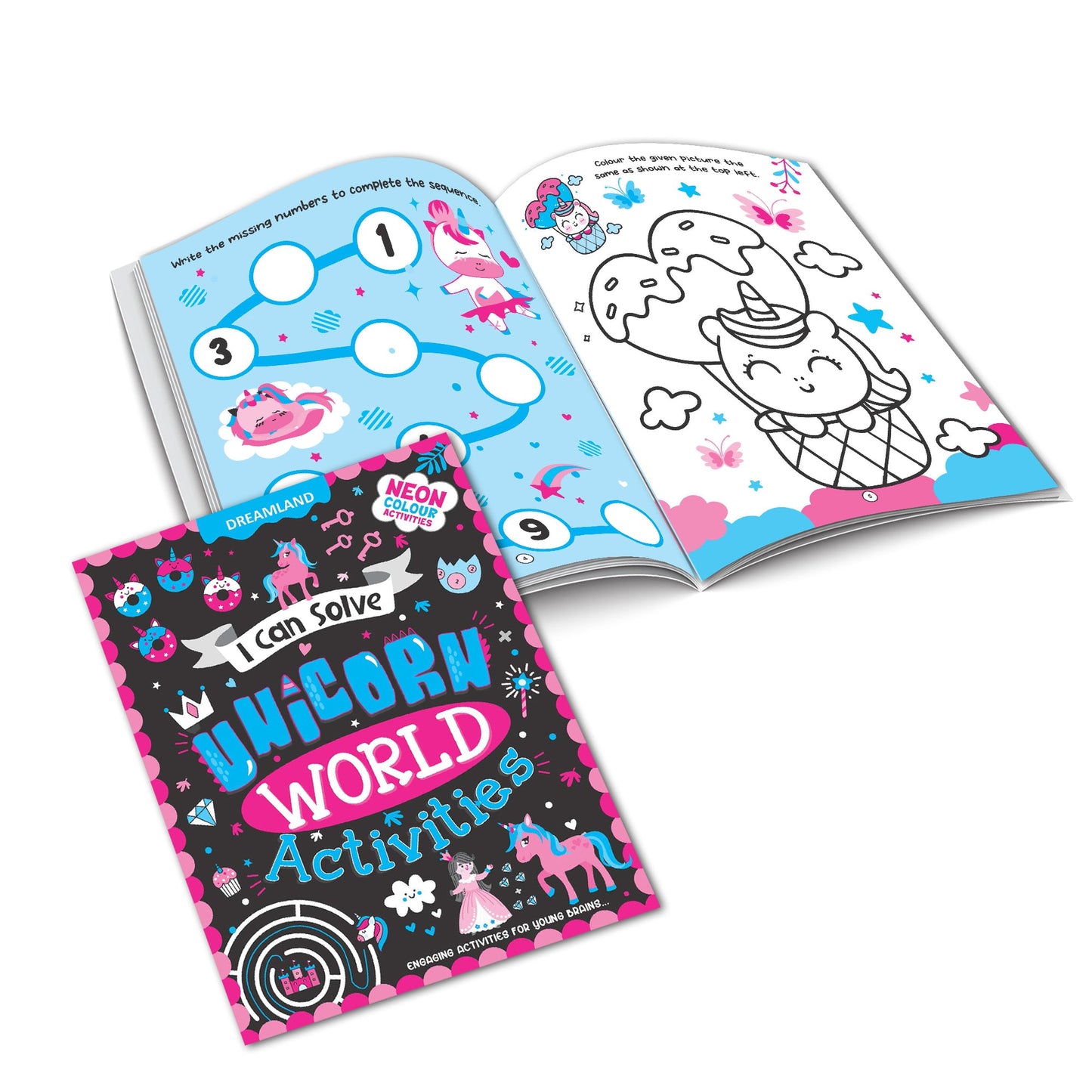 Dreamland Publications Unicorn World Activities - I Can Solve Activity Book for Kids Age 4- 8 Years | With Colouring Pages, Mazes, Dot-to-Dots