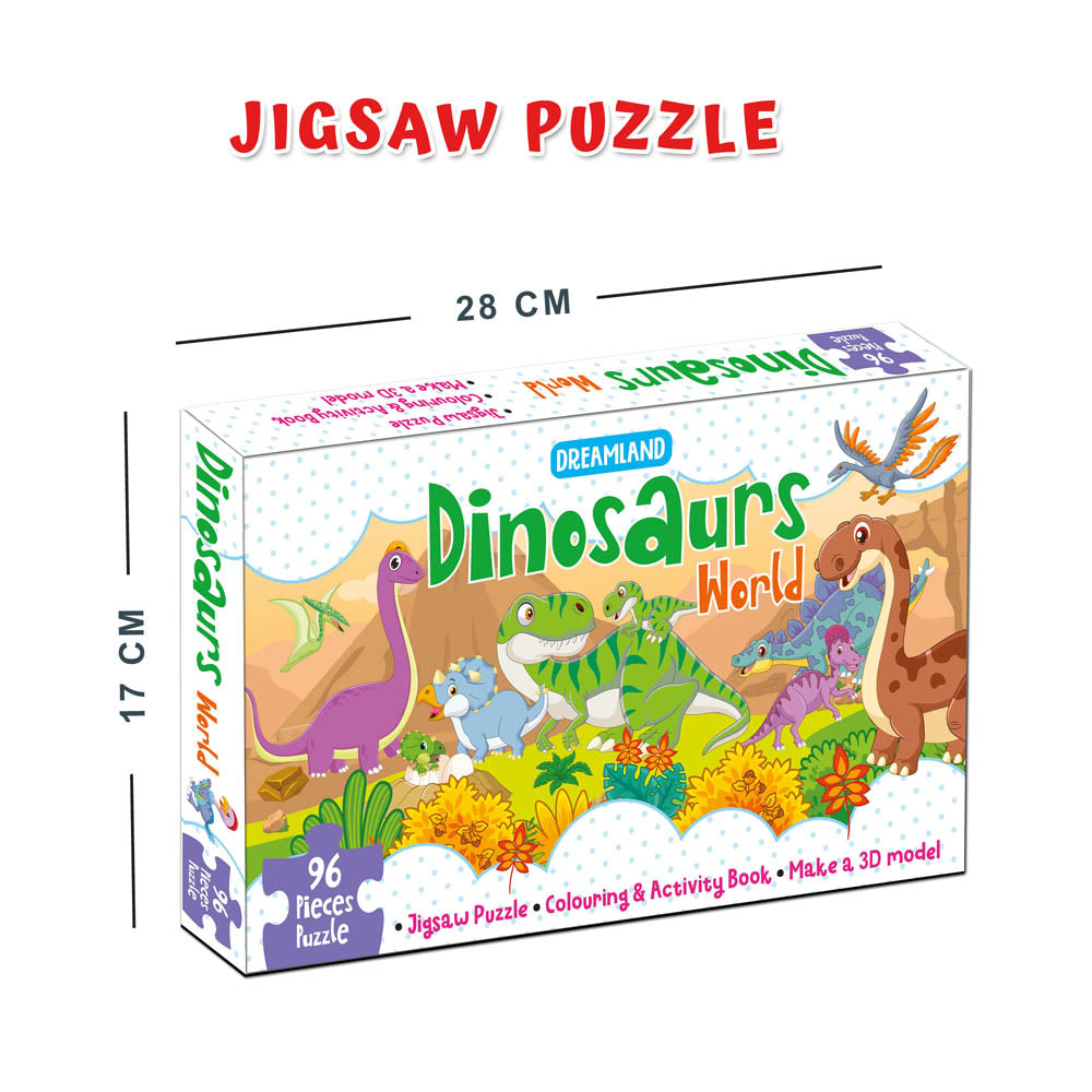 Dreamland Publications Dinosaurs World Jigsaw Puzzle for Kids ??? 96 Pcs | With Colouring & Activity Book and 3D Model