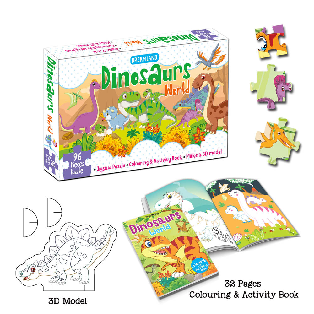 Dreamland Publications Dinosaurs World Jigsaw Puzzle for Kids ??? 96 Pcs | With Colouring & Activity Book and 3D Model