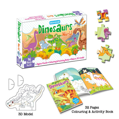 Dreamland Publications Dinosaurs World Jigsaw Puzzle for Kids ??? 96 Pcs | With Colouring & Activity Book and 3D Model