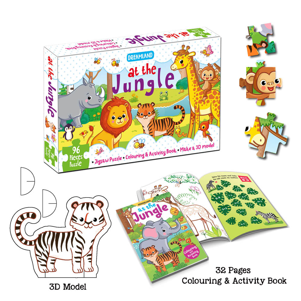 Dreamland Publications At the Jungle Jigsaw Puzzle for Kids ??? 96 Pcs | With Colouring & Activity Book and 3D Model