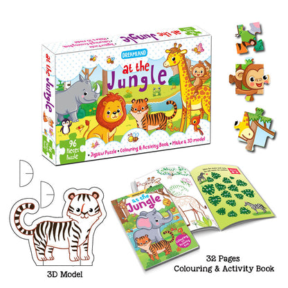 Dreamland Publications At the Jungle Jigsaw Puzzle for Kids ??? 96 Pcs | With Colouring & Activity Book and 3D Model