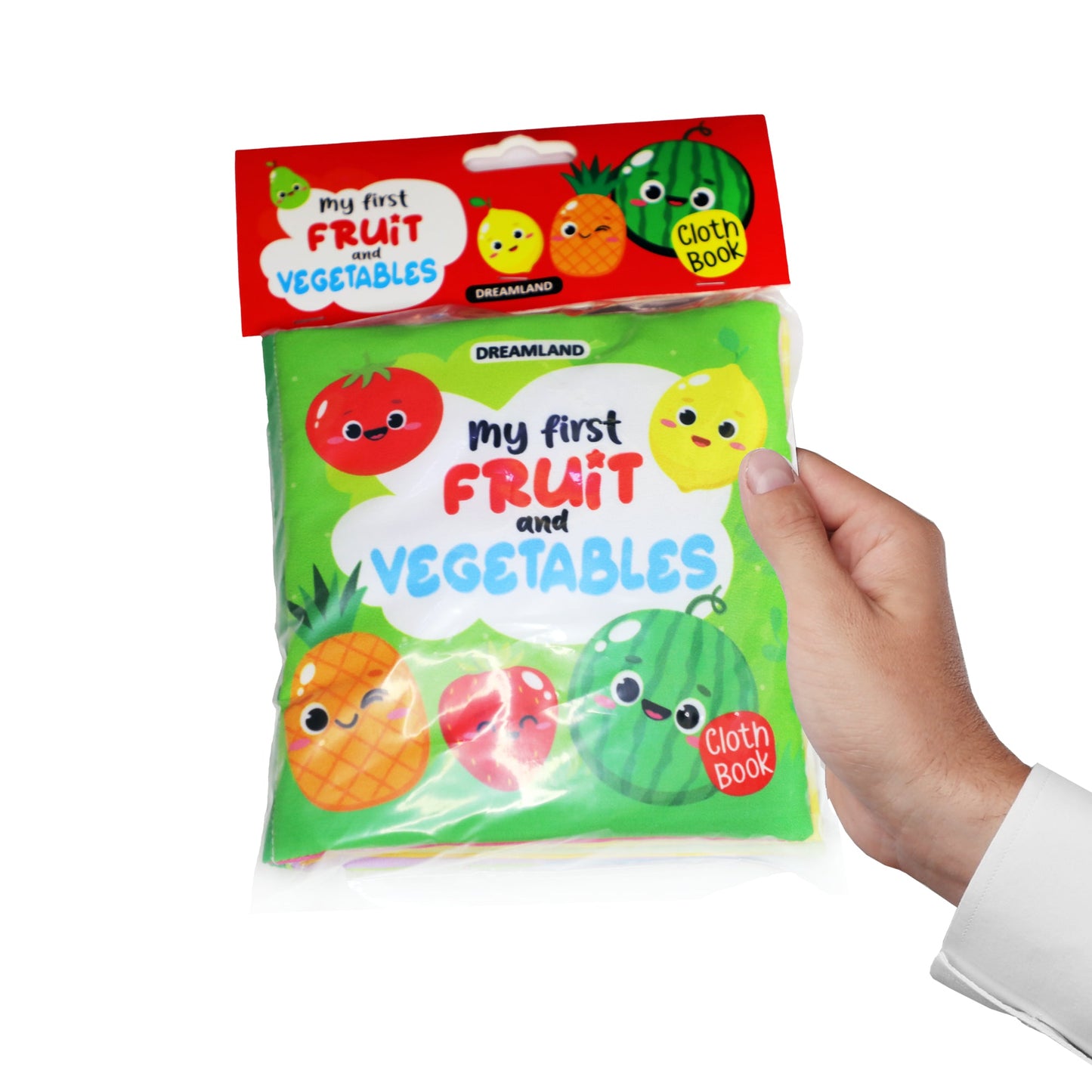 Dreamland Publications Baby My First Cloth Book Fruit and Vegetables with Squeaker and Crinkle Paper, Non-Toxic Early Educational Toy for Toddler, Infants