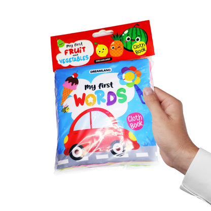 Dreamland Publications Baby My First Cloth Book First Words with Squeaker and Crinkle Paper, Non-Toxic Early Educational Toy for Toddler, Infants