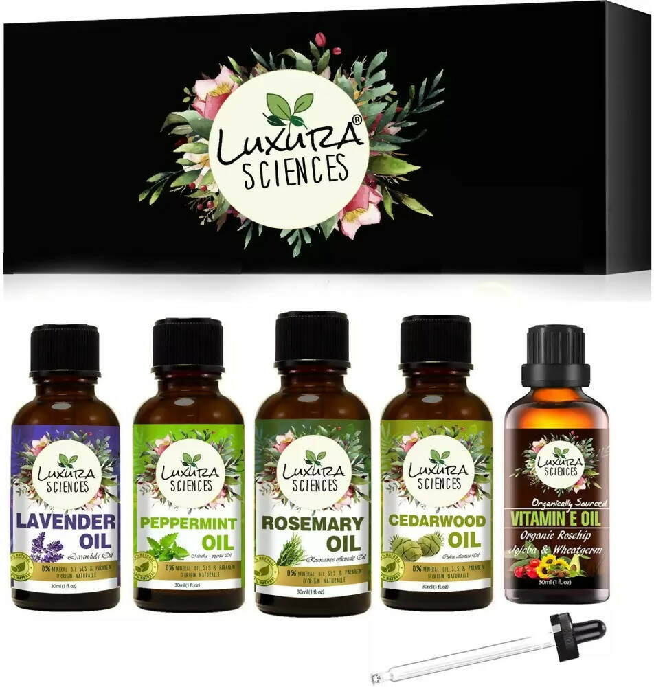 Luxura Sciences Organic Essential Oils for Anti Hair Fall - Lavender Oil, Peppermint Oil, CedarWood Oil, Rosemary Oil, Vitamin E Oil