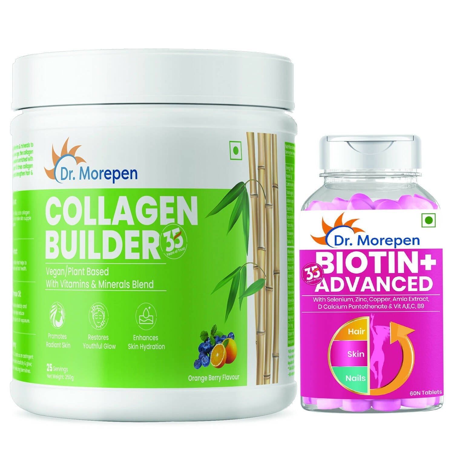 Dr. Morepen Biotin+ Advanced Tablets and Natural Collagen Builder, Orange Berry Flavour Combo - usa canada australia