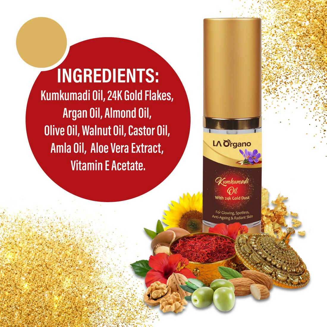 LA Organo Kumkumadi Oil Enriched with 24K Gold Dust