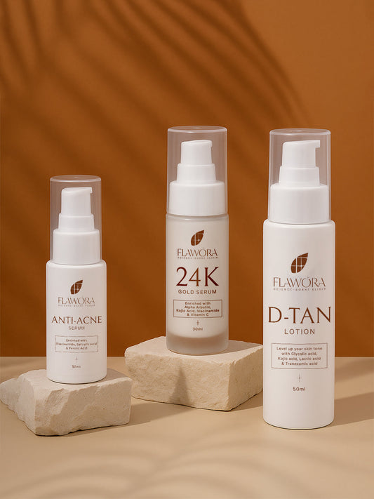 Flawora Anti-grey Hair Serum, D-tan Lotion and Gold Face Serum Combo - 130ML
