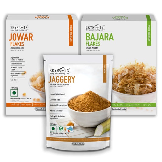 Skyroots Bajara Flakes + Jowar Flakes + Organic Jaggery Powder Combo Pack