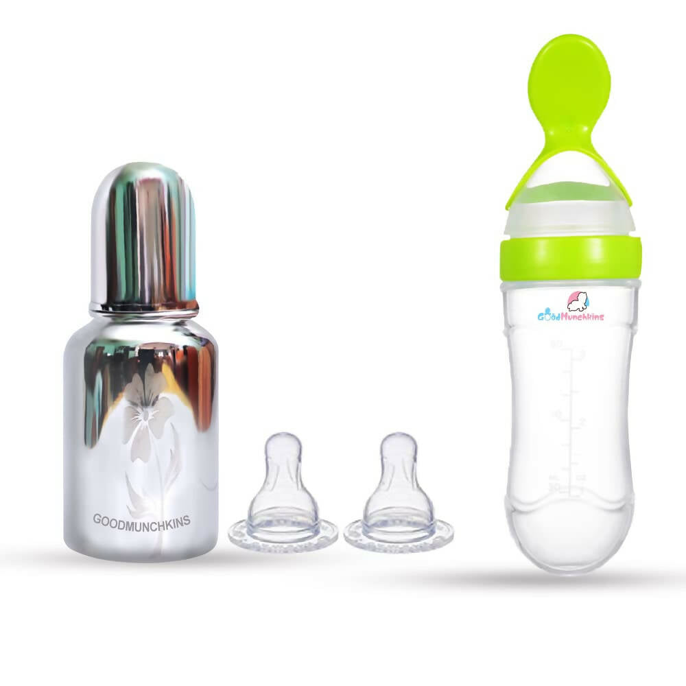 Goodmunchkins Stainless Steel Feeding Bottle & Spoon Food Feeder Anti Colic Silicone Nipple Combo-(Green,150ml) -  USA, Australia, Canada 