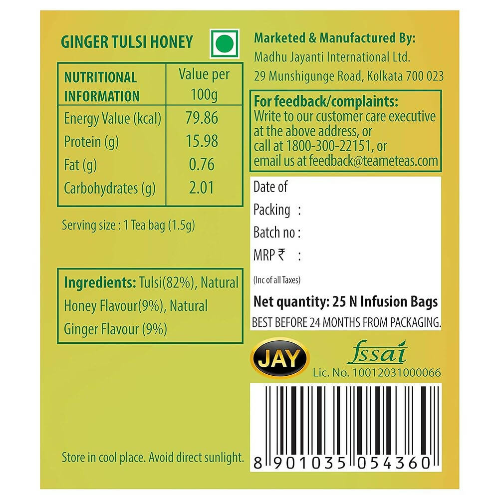 TE-A-ME Charge Ginger Tulsi Honey Herbal Infusion Tea Bags