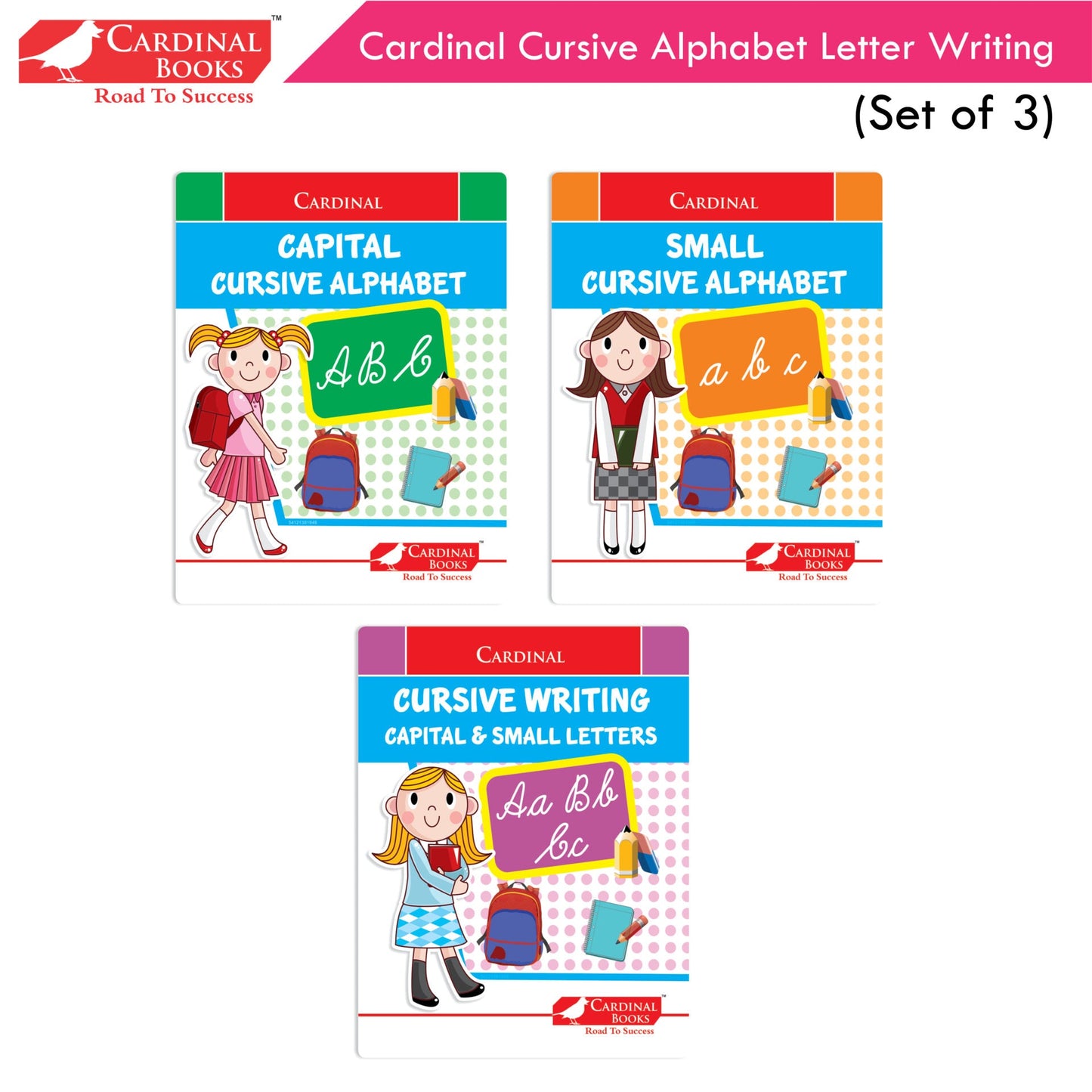 Cardinal Cursive Alphabet Capital and Small Letter Writing Practice Books for Kids| Set of 3|Kindergarten Book for Kids Ages 3-7 Years