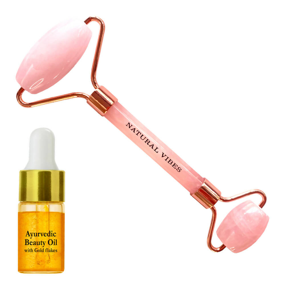 Natural Vibes Rose Quartz Roller & Massager with Free Gold Beauty Elixir Oil -  USA 