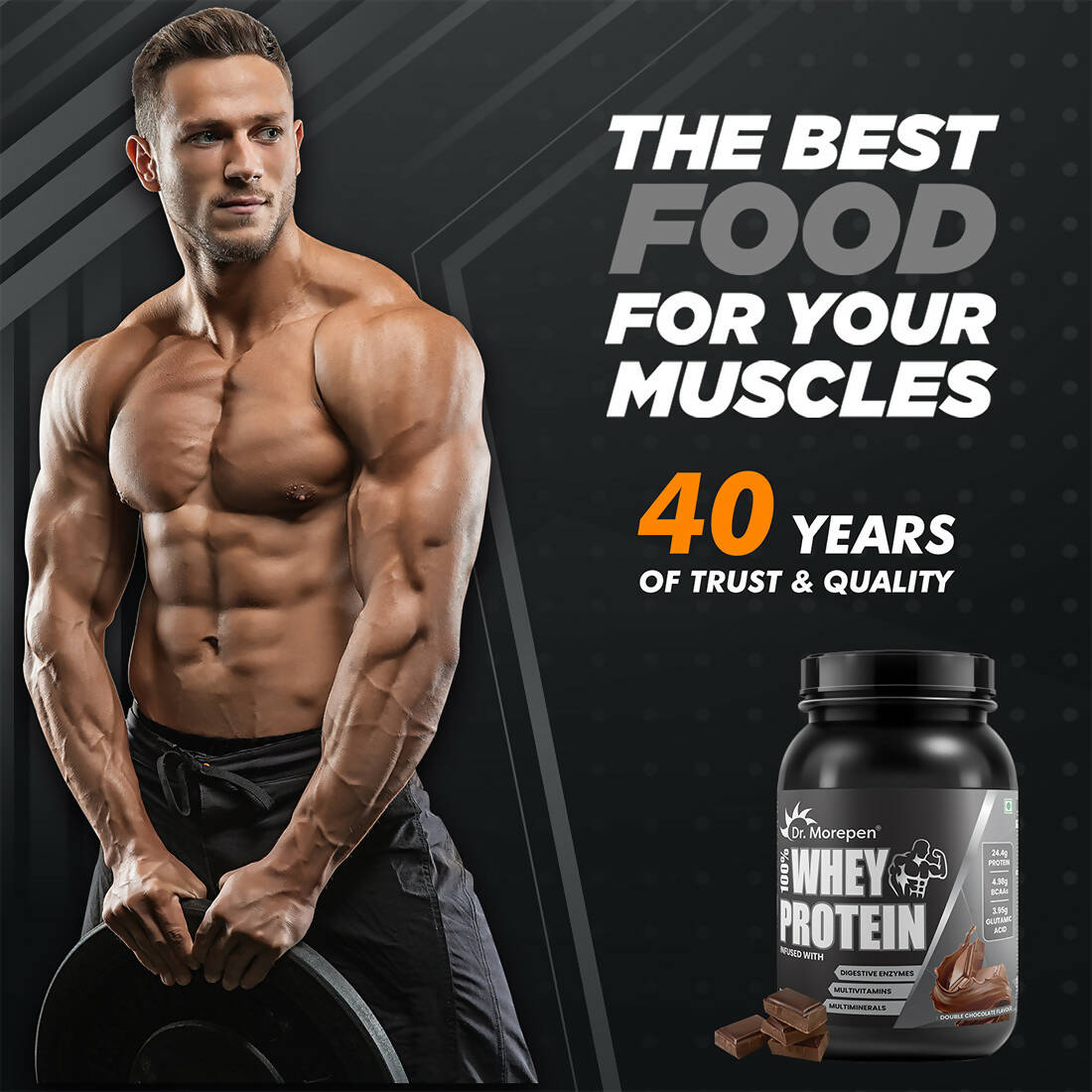 Dr. Morepen 100% Whey Protein infused with Digestive Enzymes, Multivitamins, & Multiminerals in Double Chocolate Flavour