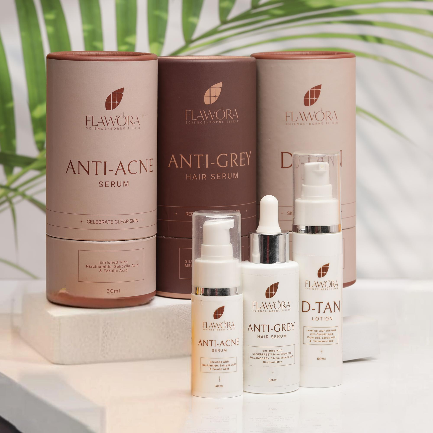 Flawora Anti-grey Hair Serum, Anti Acne Serum and D-tan Lotion Combo - 130ML
