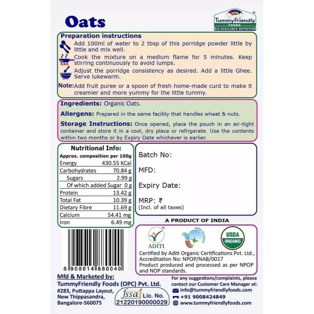 TummyFriendly Foods Certified Oats Porridge Mixes - Stage1, Stage2, Stage3
