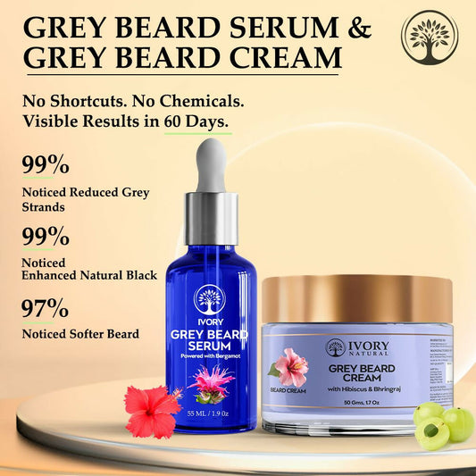 Ivory Natural Grey Combo For Beard - Serum & Cream For Rejuvenates Natural Beard Shade And Supports Natural Black Color