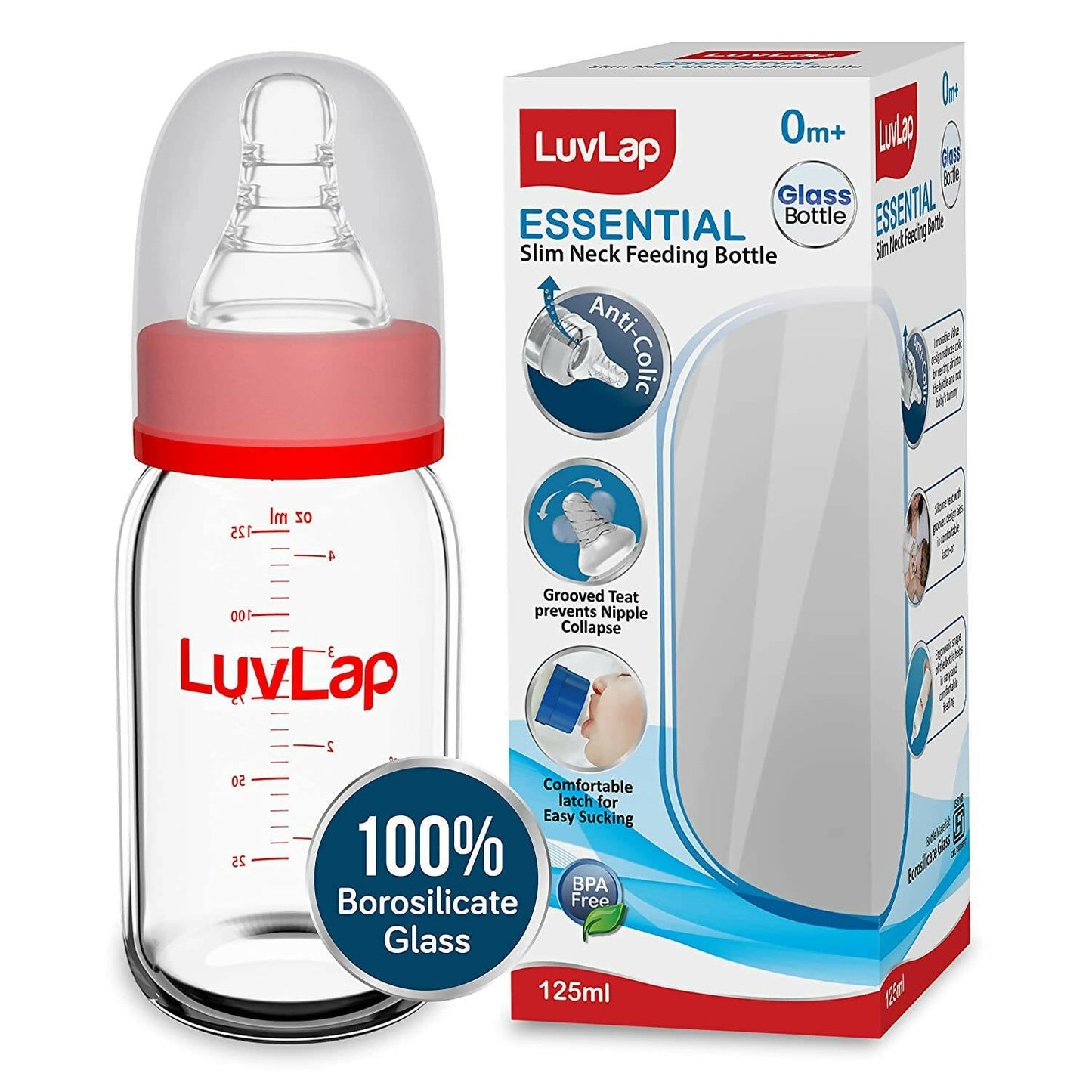 LuvLap Essential Slim Neck Glass Feeding Bottle -  USA, Australia, Canada 